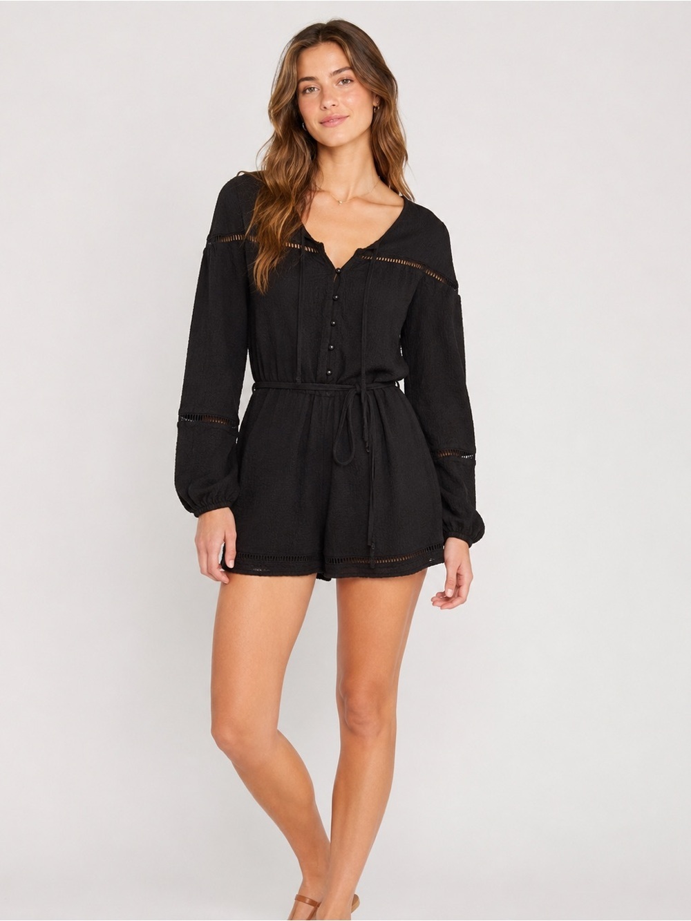 Amuse Society Black Long Sleeve Boho Romper Size Small